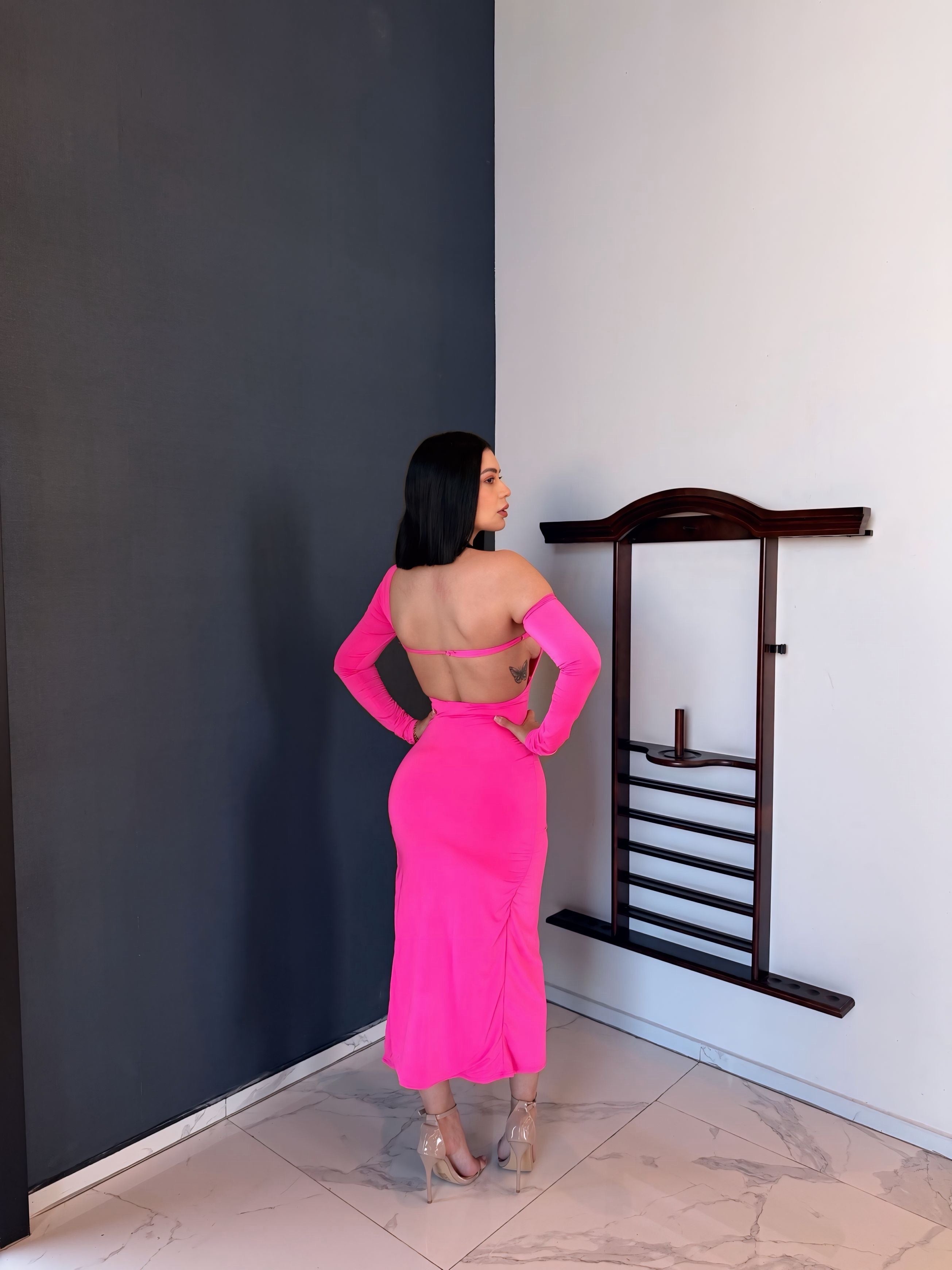 Womens Metal V Decor Hollow-Out Bodycon High Slit Cocktail Evening Dress