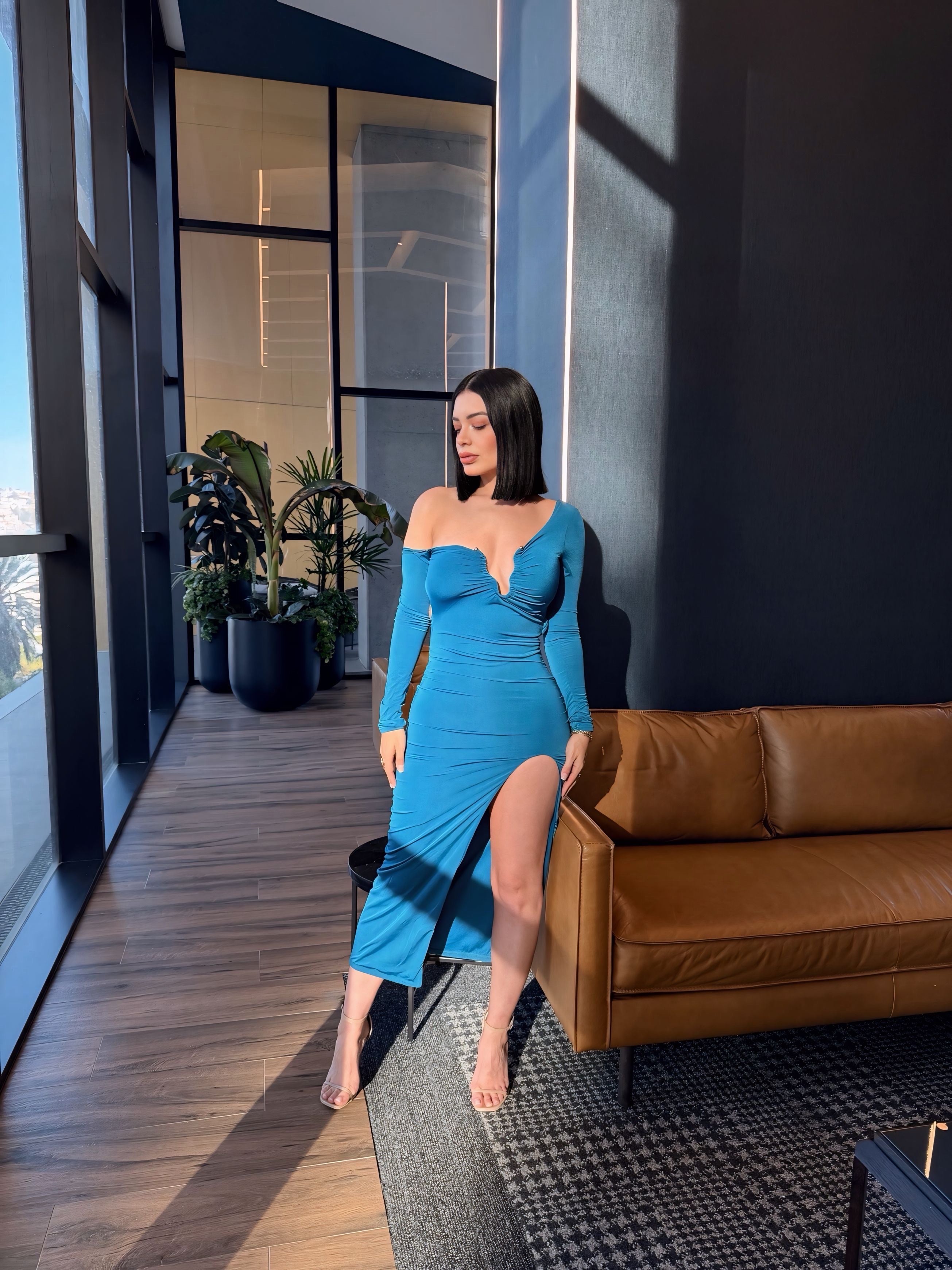 Womens Metal V Decor Hollow-Out Bodycon High Slit Cocktail Evening Dress - TEAL