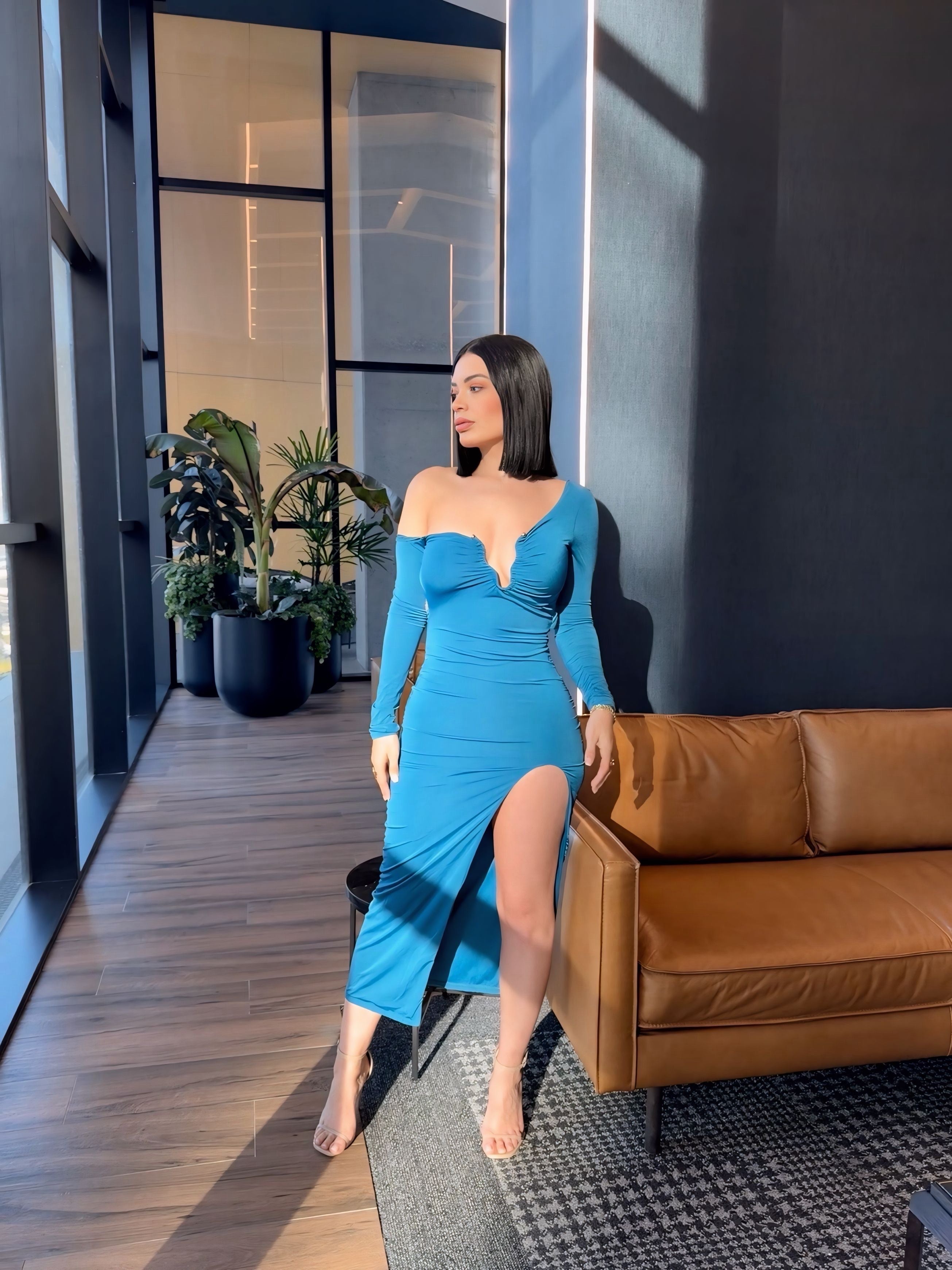 Womens Metal V Decor Hollow-Out Bodycon High Slit Cocktail Evening Dress - TEAL