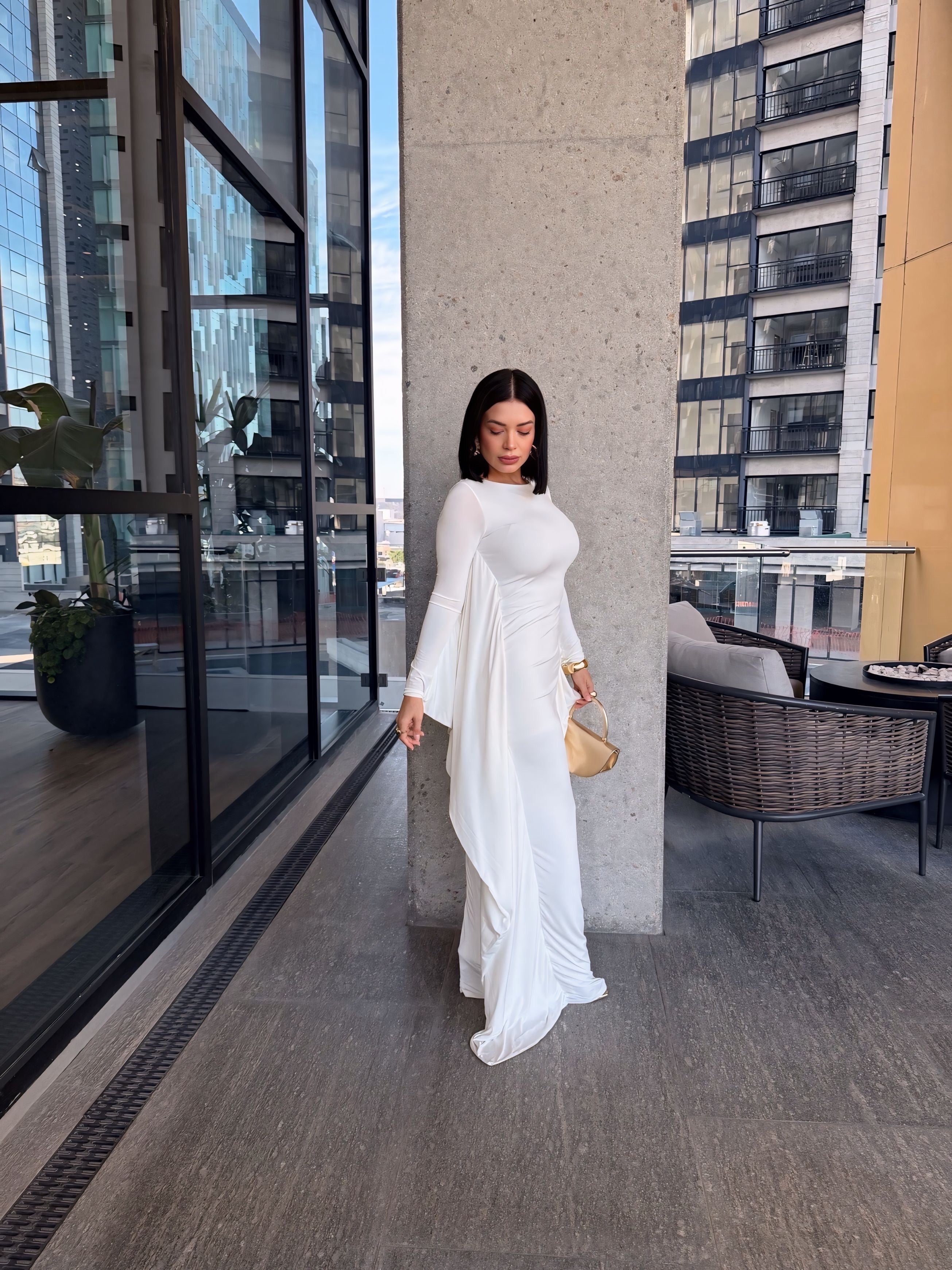 Women's Elegant High Flare Sleeve Formal Evening Gowns Maxi Dress with Cape