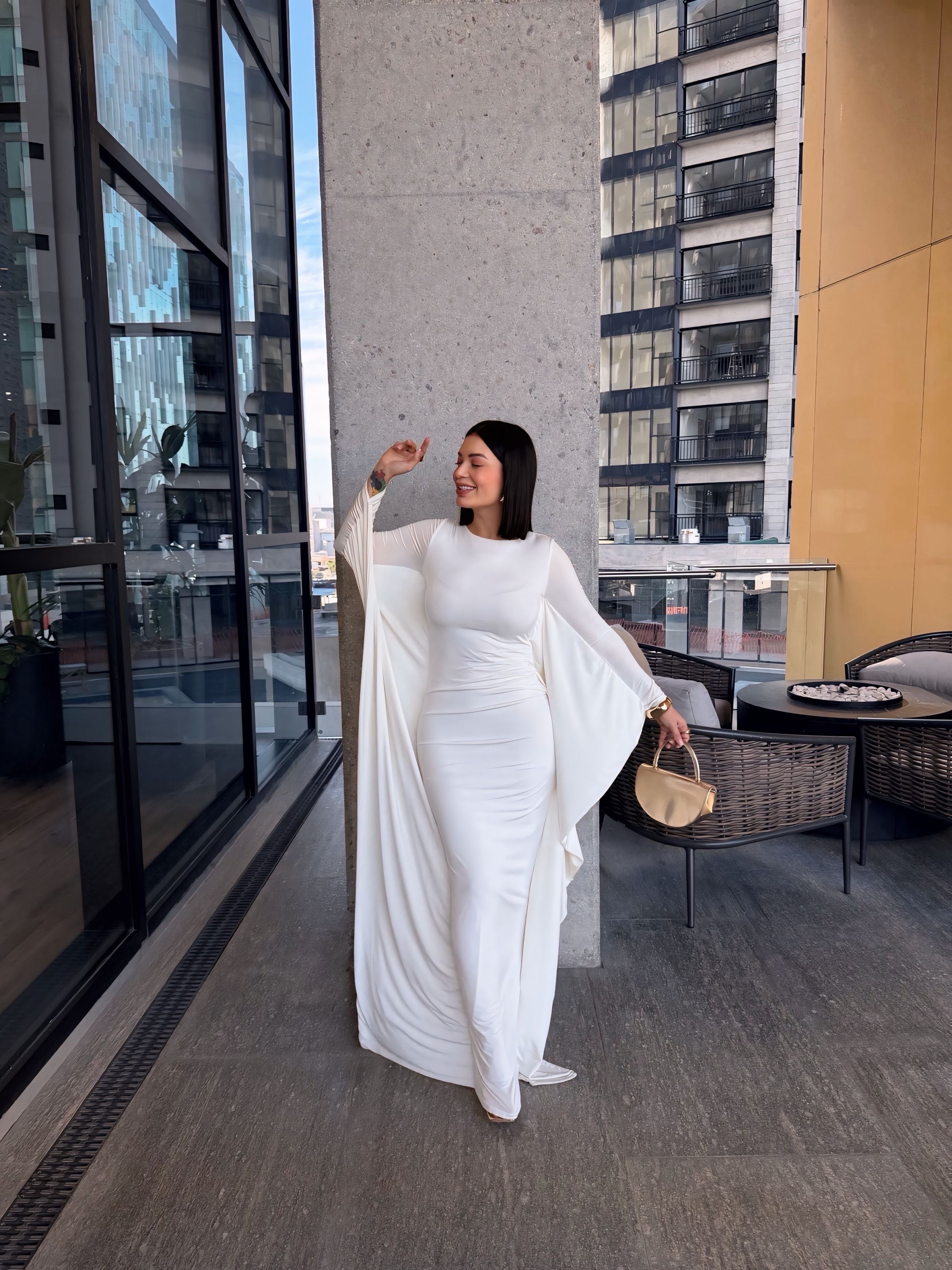 Women's Elegant High Flare Sleeve Formal Evening Gowns Maxi Dress with Cape