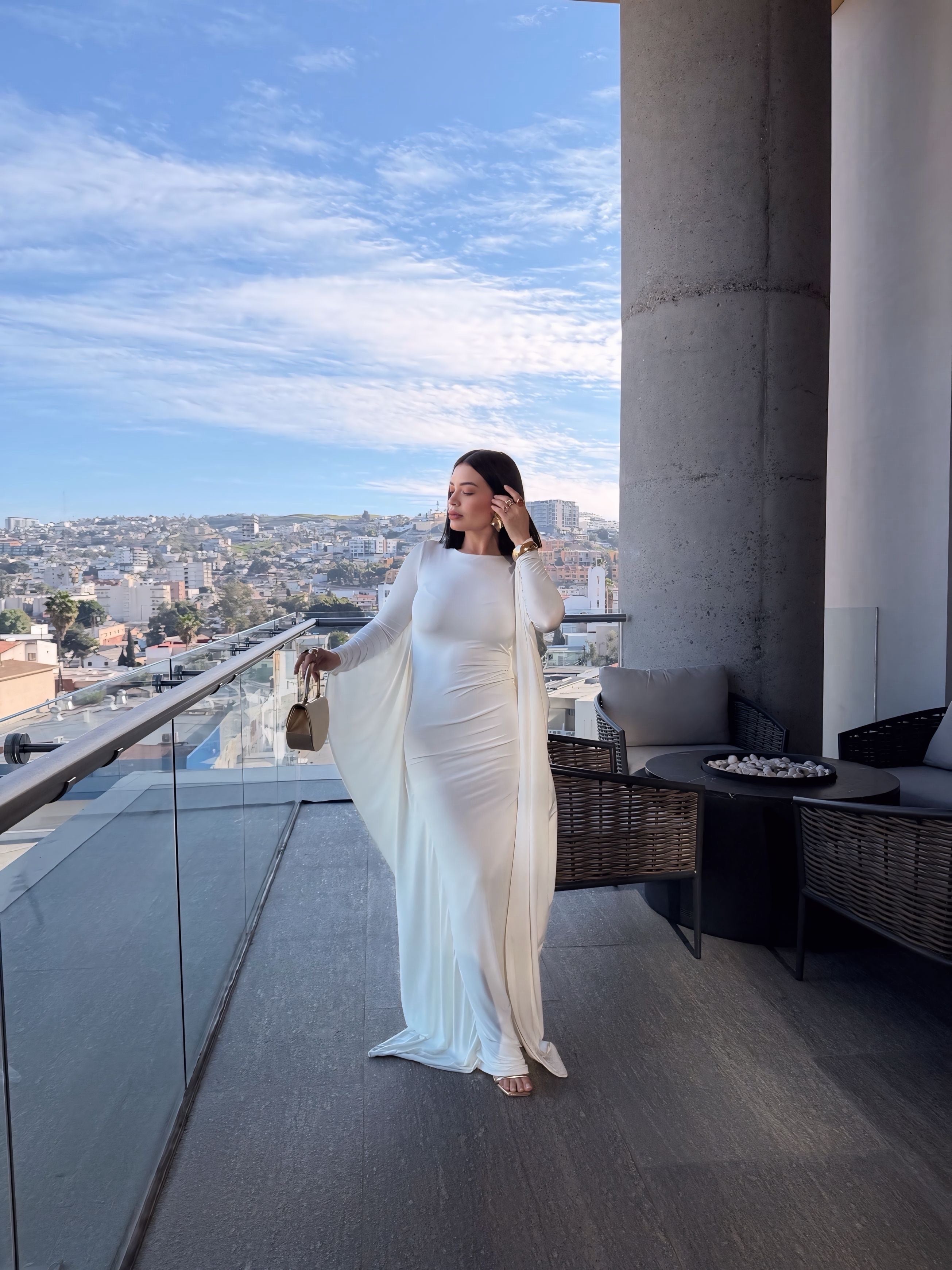 Women's Elegant High Flare Sleeve Formal Evening Gowns Maxi Dress with Cape