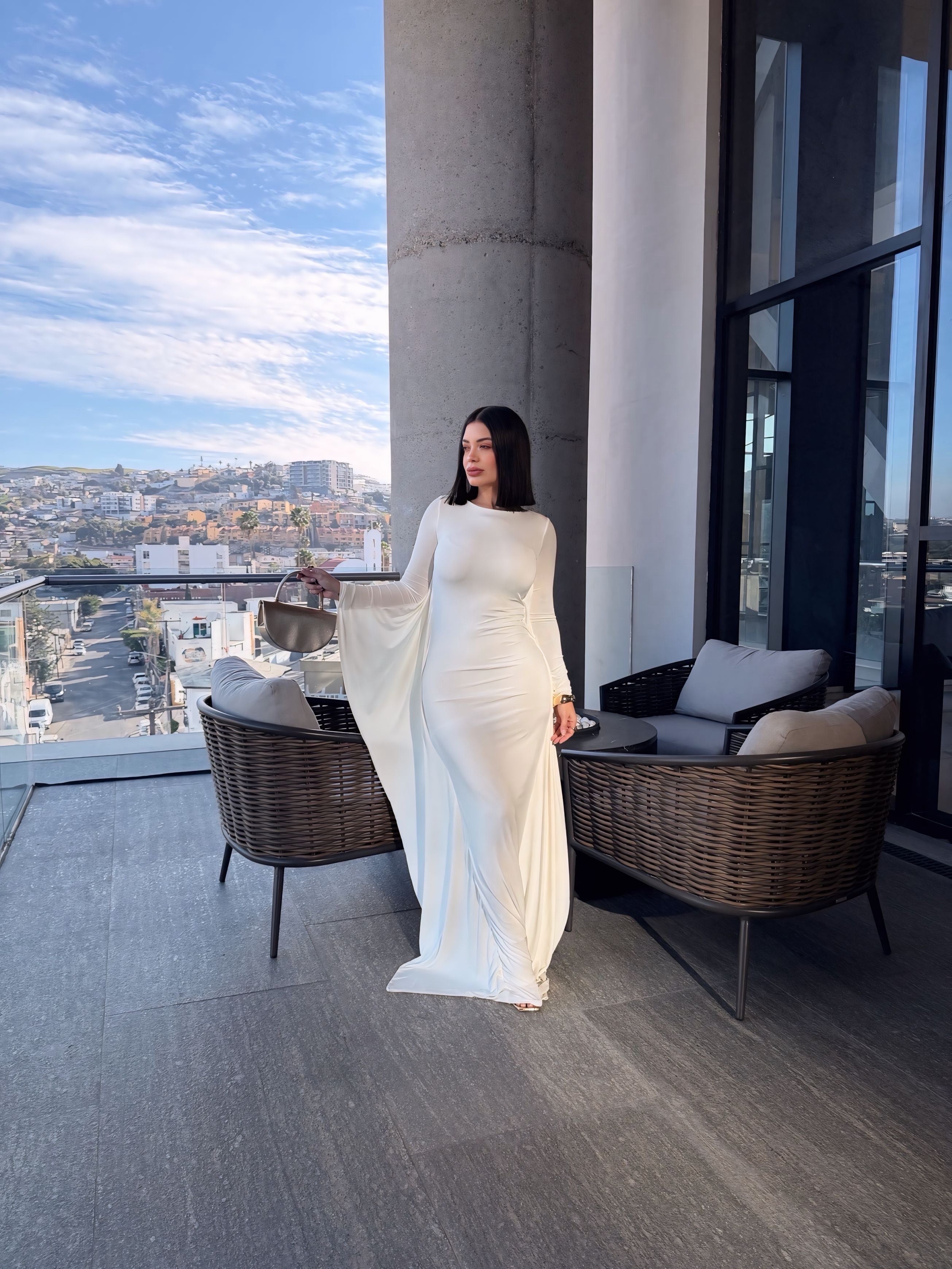 Women's Elegant High Flare Sleeve Formal Evening Gowns Maxi Dress with Cape