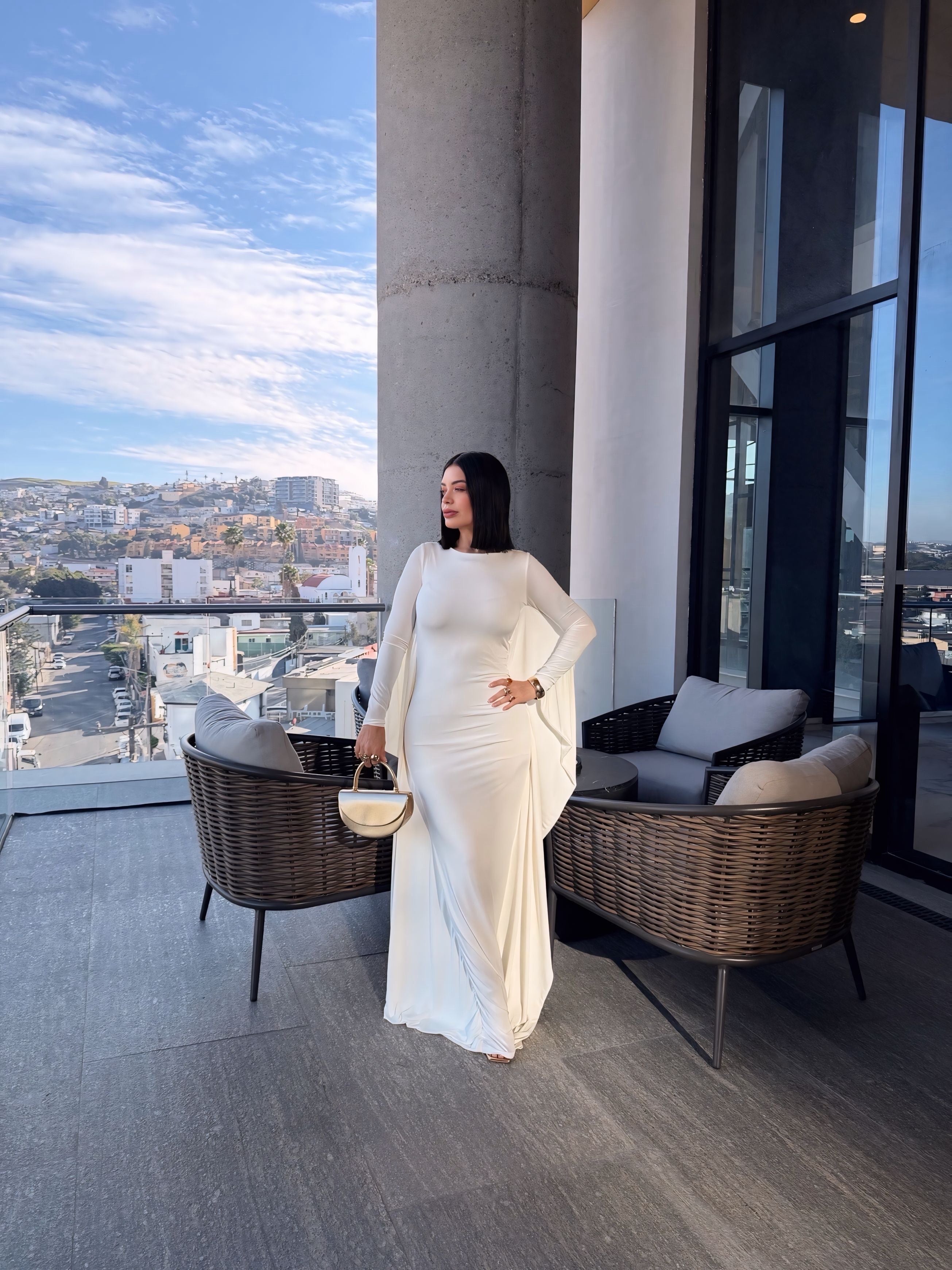 Women's Elegant High Flare Sleeve Formal Evening Gowns Maxi Dress with Cape