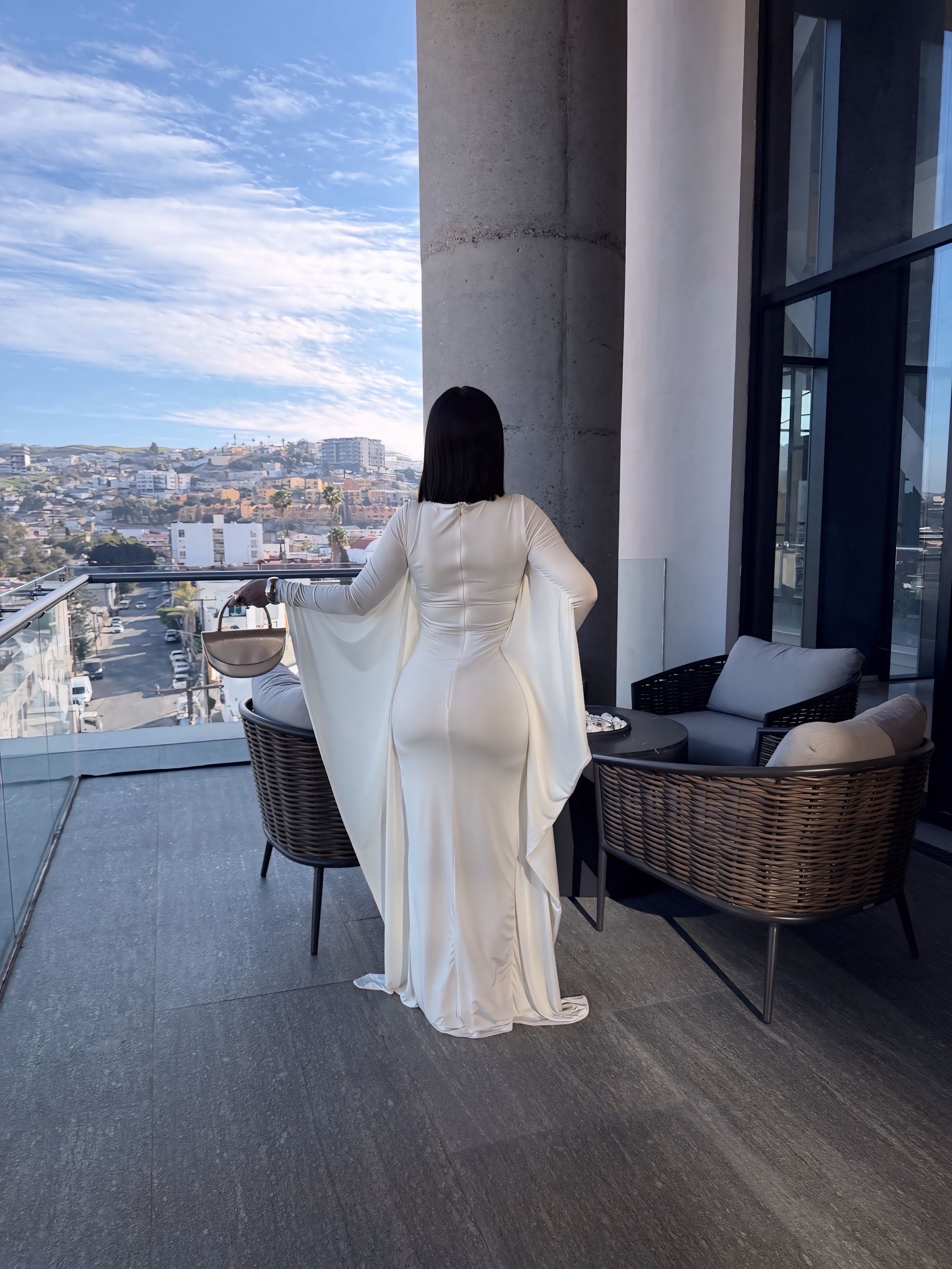 Women's Elegant High Flare Sleeve Formal Evening Gowns Maxi Dress with Cape